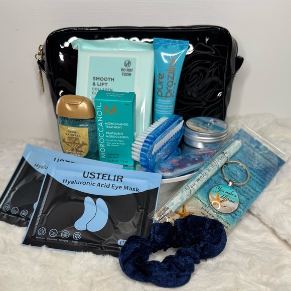 “All Blue” 11 piece beauty bundle inside a Lancome Black & Gold Cosmetic Bag